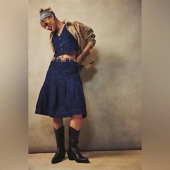 NWOT Free People Scout Denim Vest and Skirt Set in Teal Flower - Picture 7 of 14